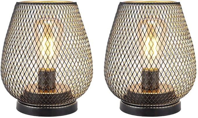 TRIROCKS Set of 2 Medium Battery Powered Outdoor Lantern 6.5'' High Metal Table Lamp Cordless Battery Operated Lamps with LED Edison Bulb for Home Wedding Parties Patio Events Indoors Outdoors(Brown)