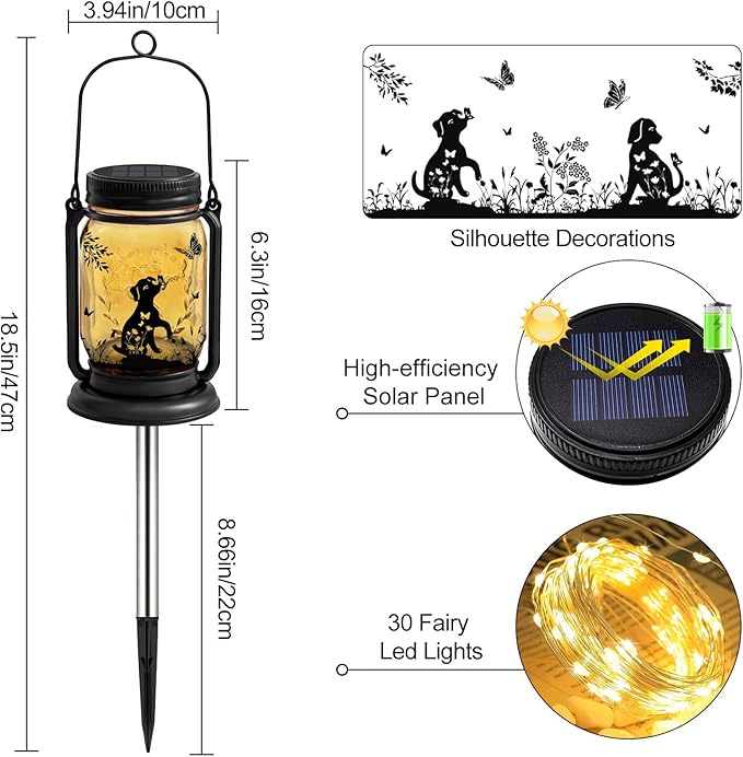 2 Pack Dog Solar Lanterns 3-IN-1 Outdoor Waterproof - Birthday Gifts for Dog Lovers Women Mom Christmas, Mason Jar Hanging Lanterns with Stake, Garden Decor Lights for Patio Yard Balcony Decorations
