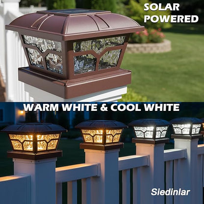 SIEDiNLAR Solar Post Cap Lights Outdoor 2 Color Modes 8 LEDs for 4x4 5x5 6x6 Posts Fence Deck Patio Decoration Warm White & Cool White Lighting Brown (1 Pack)
