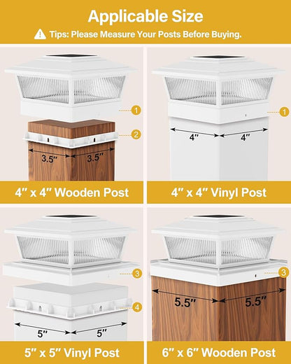 Solar Post Cap Lights Outdoor for 4x4 5x5 6x6 Wood/Vinyl Posts, 2 Pack Fence Post Solar Lights with Flickering Flame & Warm Modes for Deck/Garden/Patio, IP65 Waterproof - White