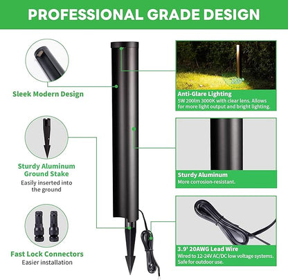 LED Pathway Lights Wired, 12V Landscape Path Lights, Low Voltage Outdoor Waterproof, 5W 200LM Black Aluminum for Lawn Garden 8 Pack