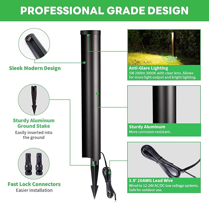 Low Voltage Pathway Lights, LED Landscape Path Lights, Outdoor Waterproof IP65, Wired Black Aluminum, 5W 200LM for Walkway Sidewalk 4 Pack