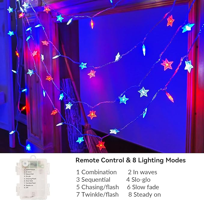 4th of July Decor Lights, Red White Blue Lights Battery Operated 100LED Patriotic Star String Lights 51FT 8Mode Waterproof for Indoor Outdoor 4th of July Independence Day Memorial Day Decor