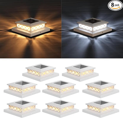 8 Packs Solar Post Cap Lights for Fence and Deck – Auto On/Off Outdoor Lighting, 2 Color Modes with 16 LEDs, Fits 4x4 5x5 6x6 Posts (White)