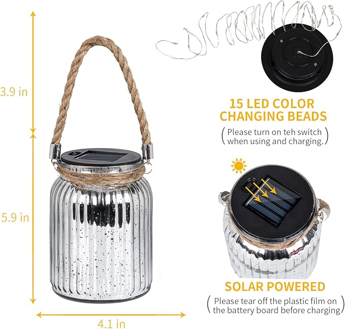 Hanging Solar Lantern Lights Outdoor 2 Pack,20 LED Solar Mercury Glass Mason Jar Hanging Lights Waterproof for Tree, Table, Yard, Garden, Patio, Holiday Party Outdoor Decor, Color Changing