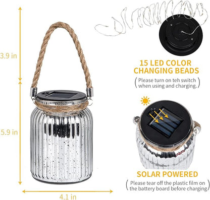 Hanging Solar Lantern Lights Outdoor 2 Pack,20 LED Solar Mercury Glass Mason Jar Hanging Lights Waterproof for Tree, Table, Yard, Garden, Patio, Holiday Party Outdoor Decor, Color Changing