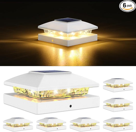 VOLISUN 4x4 Solar Post Cap Light 6pack,Solar Fence - Post Lights Outdoor Waterproof for Wooden/Vinyl Post,White Deck Post Cap Light Solar Powered with Warm White for Garden/Patio/Porch