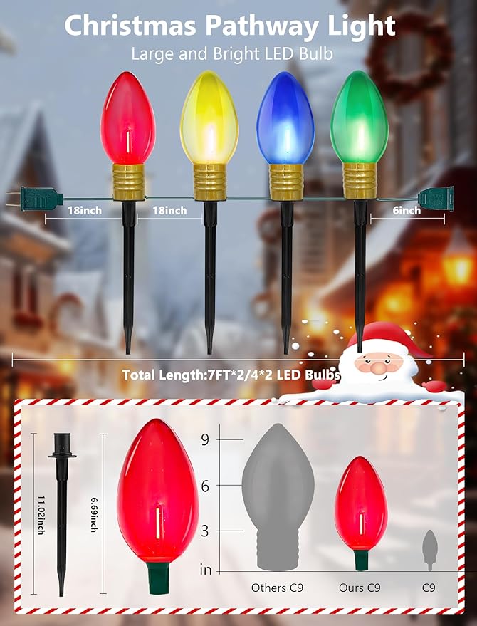 Jumbo Outdoor Christmas Lights Pathway, 2 Pack 7 Ft Jumbo C9 LED Christmas Pathway Lights Outdoor with Marker Stakes, 8 Multicolor Bulbs Holiday Pathway Lights for Lawn Yard Decor
