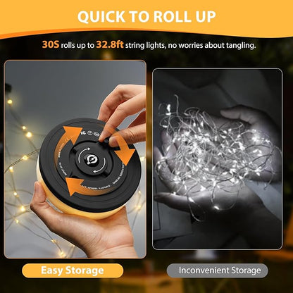 Camping String Lights, 4 in 1 Quick Storage Camping Essentials Gear 32.8FT Rechargeable Tent Lights with 9 Modes Hanging Waterproof LED Camp Lamp for Camping Hiking Patio Garden Festival-Black