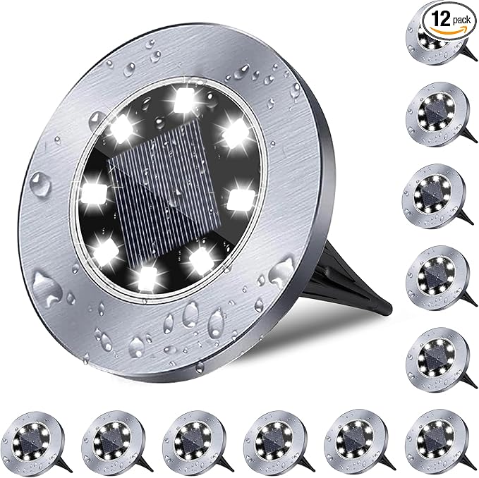 12-Pack Solar Ground Disk Lights, White Waterproof LED