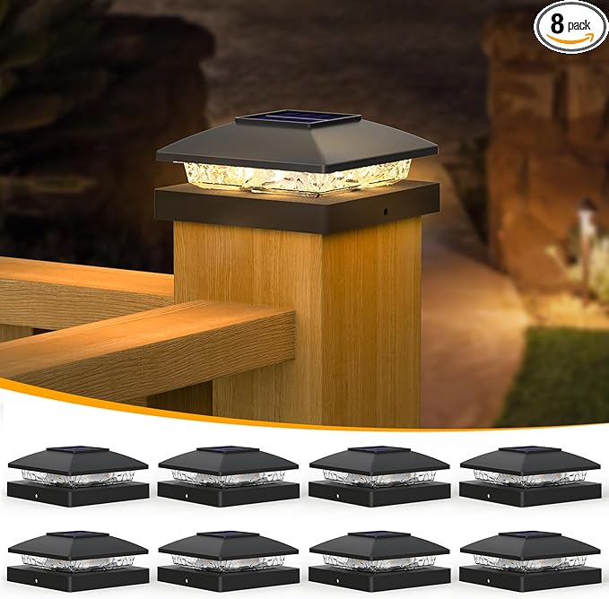 Warm White Solar Fence Post Caps 8-Pack, Yard LED