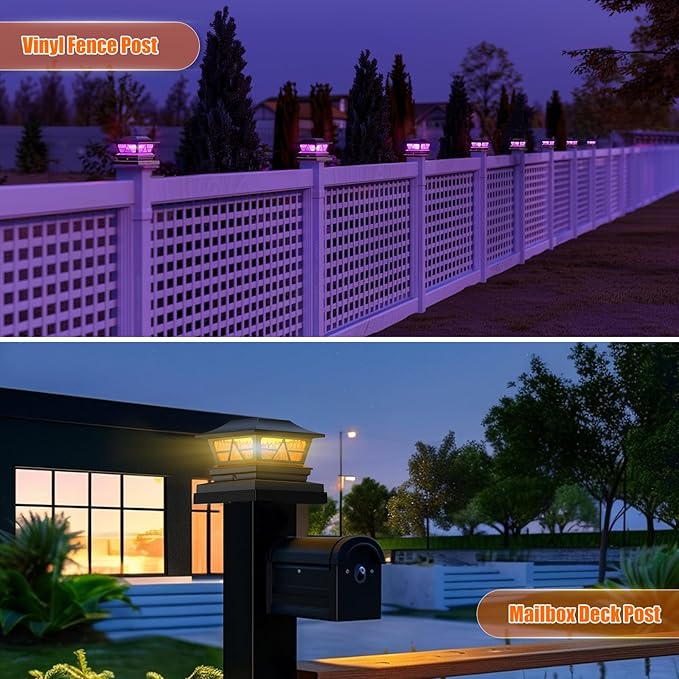 Viewsun Solar Post Lights Outdoor Waterproof RGB Color Changing Modes Fence Post Cap Lights, Deck Post Lights Solar Powered for 4x4 5x5 6x6 Wooden or Vinyl Yard Garden Patio Decor, Black(4 Pack)