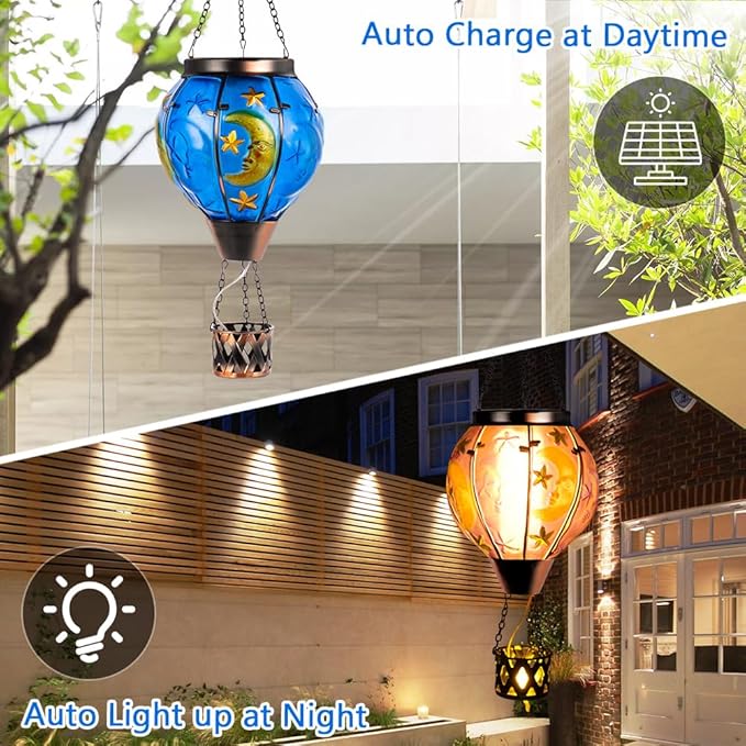 Moon Pattern Hot Air Balloon Solar Lantern with Flickering Flame , Hanging Outdoor Lantern Light Glass Waterproof Decor for Patio, Porch, Garden