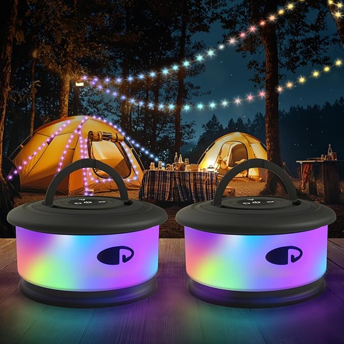 2-Pack Camping String Lights, 3 in 1 Upgraded Retractable RGB Outdoor String Lights with 19 Lighting Modes, Quick 30s Recovery, 32.8 FT Portable Tent Light, Rechargeable Camping Lantern (Black)