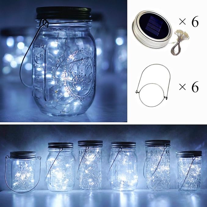 Solar Mason Jar Lights, 6 Pack 20 LED Fairy String Lights with 6 Hangers (No Jars), Waterproof Firefly Lights Lantern for Outdoor, Wedding, Patio, Garden, Party, Christmas Decor (Cold White)