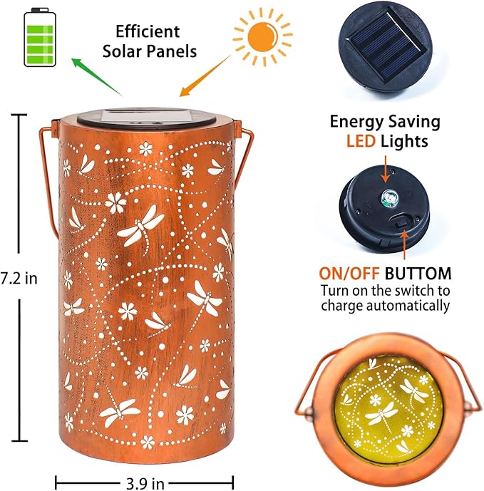 Dragonfly Solar Lanterns Outdoor Waterproof Hanging Solar Lights Dragonfly Gifts for Women Men Metal Decorative LED Lanterns for Garden Decor,Yard,Patio,Lawn,Tabletop,Pathway