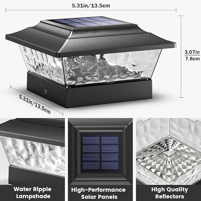 SIEDiNLAR Solar Post Lights Outdoor 12 LEDs 4 Modes Post Cap Light for 4x4 5x5 6x6 Wooden Vinyl Deck Fence Posts Patio Garden Decor, Warm/Cool White Dynamic Lighting (2 Pack, Black)