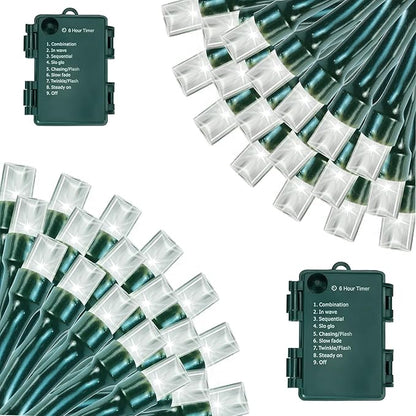 2Pack Battery Operated Christmas Lights Outdoor, 33 FT 100 LED Mini String Lights with Timer and 8 Modes, Green Wire Xmas String Lights for Tree Xmas Indoor Holiday Party Garden Decor, Cool White