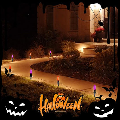 C9 Outdoor Halloween Pathway Lights, 19.5Ft 10 C9 LED Orange Purple Halloween Pathway Marker Stakes Light, Outdoor Walkway Lights Waterproof for Driveway Lawn Yard Sidewalk Garden