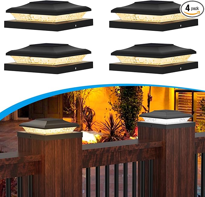 4-Pack Black Solar Fence Post Lights, Outdoor LED Caps