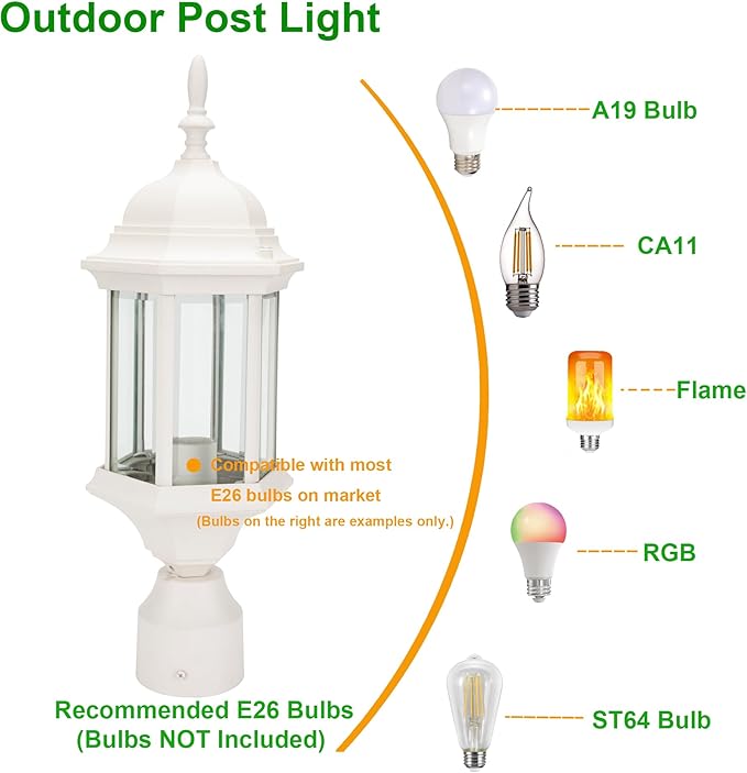 LIT-PaTH Outdoor Post Lighting Fixture Pole Lantern, E26 Medium Base Max 60W, Aluminum Housing Plus Glass, 2-Pack, White Finish