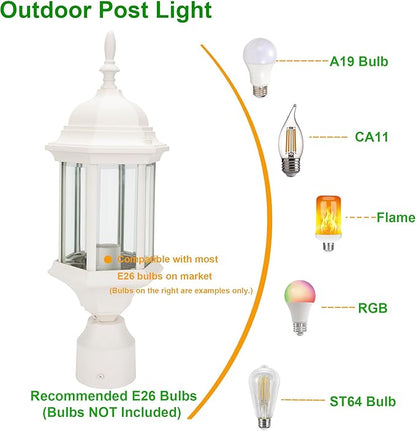 LIT-PaTH Outdoor Post Lighting Fixture Pole Lantern, E26 Medium Base Max 60W, Aluminum Housing Plus Glass, 2-Pack, White Finish