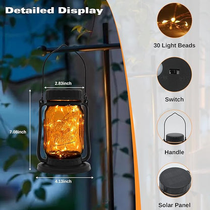 Solar Mason Jar Lantern Outdoor Waterproof, Hanging Solar Lantern Lights for Outside, Fairy Glass Decorative Lantern for Yard Patio Garden Porch Table Wedding, 2 Pack