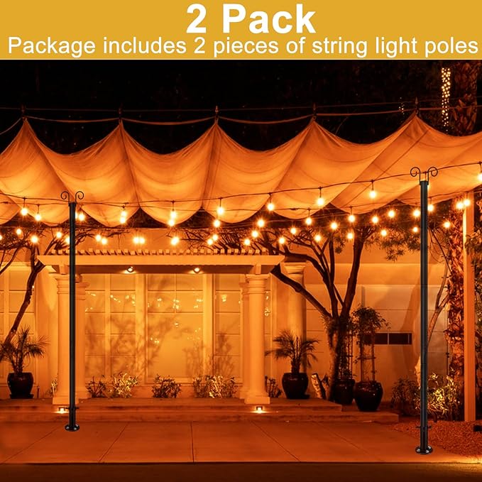 String Light Poles for Outside Deck 2 Pack 8FTHeavy Duty Metal Garden Outdoor Light Poles for Solar String Light Bulbs Hanging Kit for Yard Garden Fence Post Deck Party Wedding