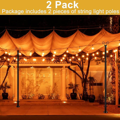 String Light Poles for Outside Deck 2 Pack 8FTHeavy Duty Metal Garden Outdoor Light Poles for Solar String Light Bulbs Hanging Kit for Yard Garden Fence Post Deck Party Wedding
