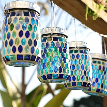 Cooo 4 Pack Mosaic Lanterns Outdoor Waterproof with 215% Larger Solar Panel, Never Rust Lids, True Capacity Battery- Solar Mason Mosaics Jar Lantern for Patio Garden Yard Balcony Christmas Decorations