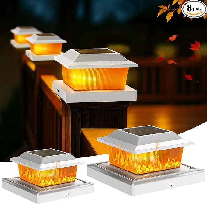 8-Pack White Solar Patio Post Lights, Outdoor LED Caps