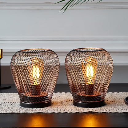 JHY DESIGN Set of 2 Metal Cage LED Lantern Battery Powered Lamp Cordless Accent Light with LED Edsion Style Bulb Great for Weddings Patio Events for Indoors Outdoors（Diamond Shape