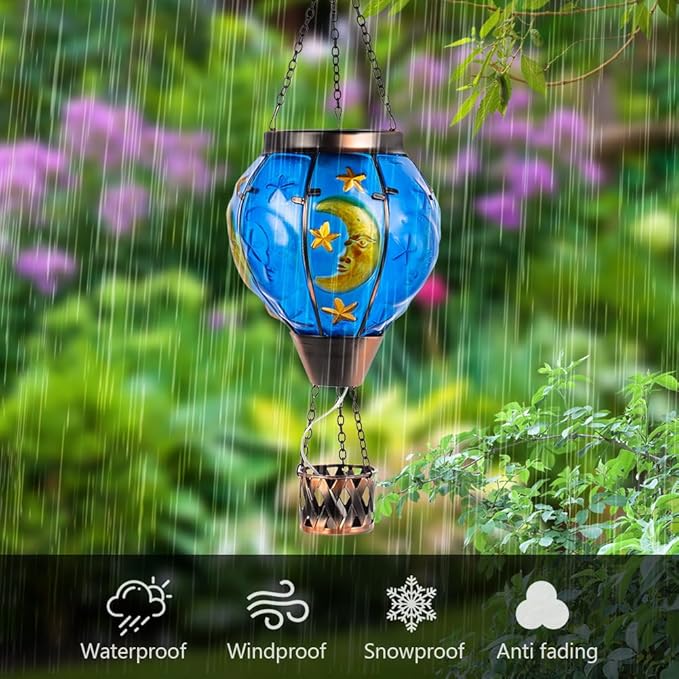 Moon Pattern Hot Air Balloon Solar Lantern with Flickering Flame , Hanging Outdoor Lantern Light Glass Waterproof Decor for Patio, Porch, Garden