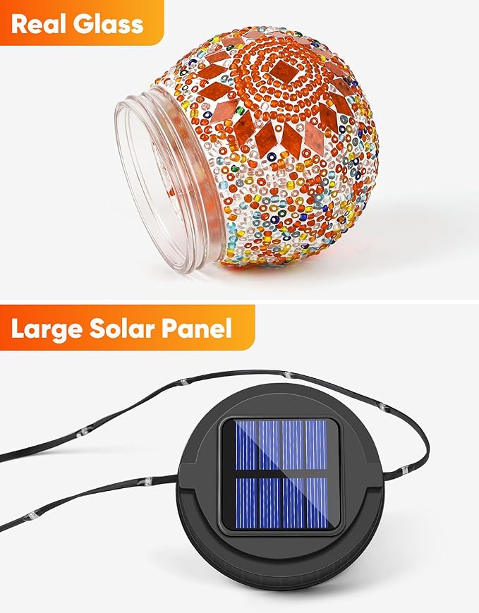 Mosaic Solar Lights Outdoor 2 Pack, Solar Hanging Lanterns Christmas Halloween Gifts for Women Mom Grandma, Waterproof Glass Globe Lights, Garden Patio Decor for Yard, Tree, Balcony, Warm
