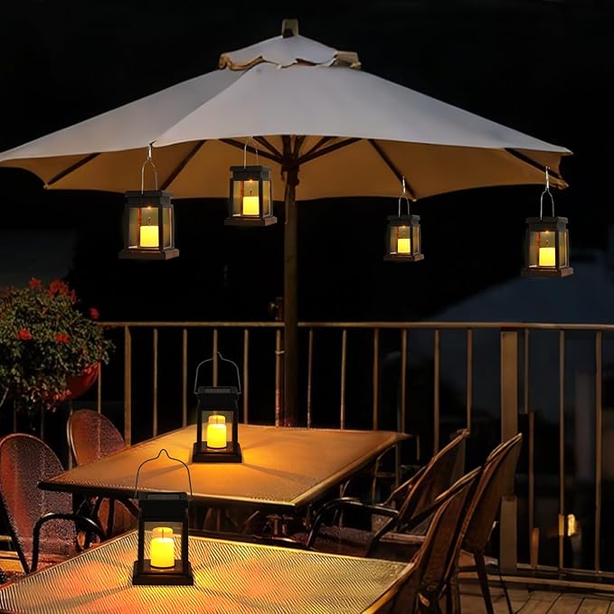 Small Solar Lanterns Outdoor Waterproof, Hanging Candles Solar Lights Garden Decor for Outside, Gifts for Women Mom, Flickering Flameless Candle Lights for Table,Outdoor Decorative 4P