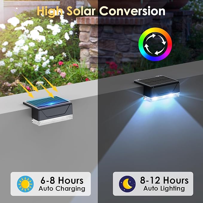 12PK Solar Fence Lights Outdoor Waterproof LED - Warm White & RGB 6 Color, Dusk to Dawn Deck Light, IP65 Waterproof Garden Lights for Outside/Backyard/Railing/Step/Patio/Wall