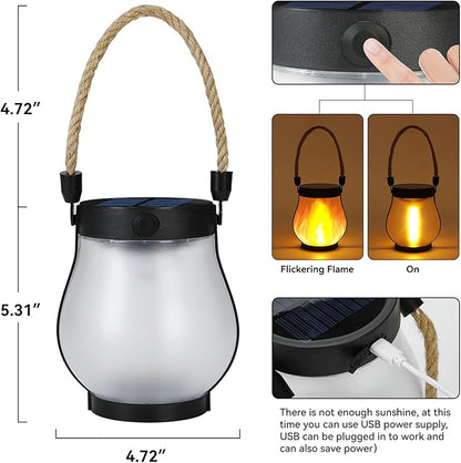 Solar Lanterns Outdoor Waterproof, 2 Pack Dancing Flame Solar Lantern Outdoor Lights, USB/Solar Powered Hanging Outdoor Lanterns Decorative for Outside Porch Yard Garden Patio Decor