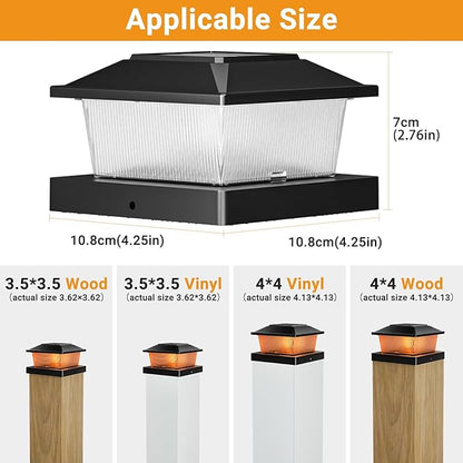 btfarm 4x4 Solar Flame Post Cap Lights Outdoor, 4 Pack Flickering Flame Fence Deck Post Lights, Waterproof Solar Powered Lighting Outside Fit 4x4 3.5x3.5 Wooden/Vinyl for Porch Patio Garden, Black Cap