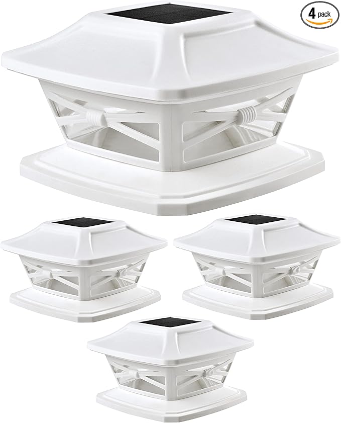Davinci Lighting Flexfit Solar Outdoor Post Cap Lights - Includes Bases for 4x4 5x5 6x6 Wooden Posts - Bright LED Light - Pearl White (4 Pack)