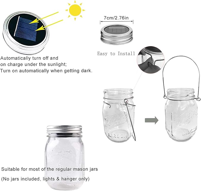 Solar Mason Jar Lid Lights, 10 Pack 30LED String Fairy Star Firefly Jar Lids Lights,10 Hangers Included(Jars Not Included), Best for Mason Jar Decor,Patio Garden Decor Solar Laterns Table Lights