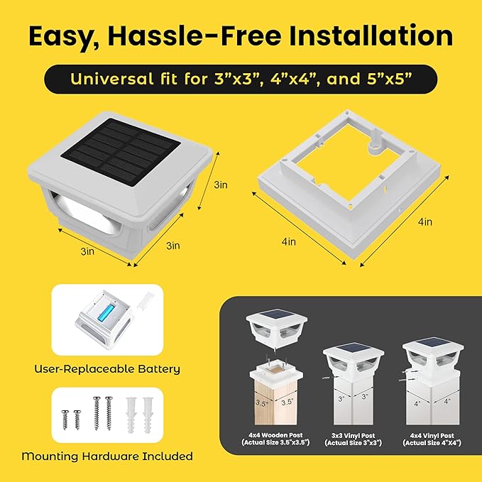 Brighticonic Solar Post Cap Lights Outdoor for 4x4, 3x3 – Auto On/Off Post Lights Solar Powered - Easy Install, IP65 Waterproof Deck & Fence Lights – Long Lasting Battery – 120 Lumen, CoolWhite - 2pck