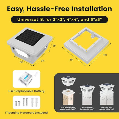 Brighticonic Solar Post Cap Lights Outdoor for 4x4, 3x3 – Auto On/Off Post Lights Solar Powered - Easy Install, IP65 Waterproof Deck & Fence Lights – Long Lasting Battery – 120 Lumen, CoolWhite - 4pck