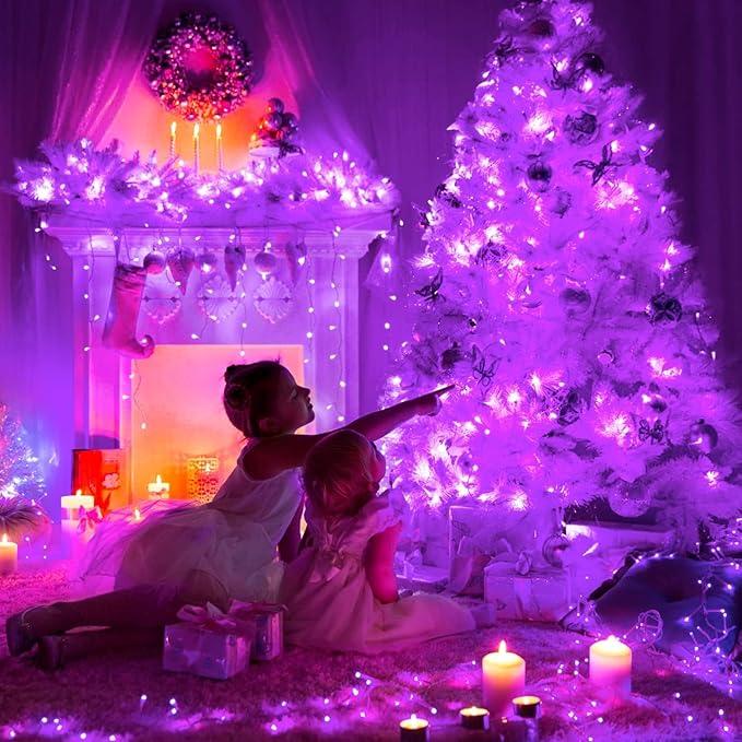 JMEXSUSS 33ft 100 LED Purple Christmas Lights, Battery Operated Christmas Lights with Remote Indoor Outdoor, Purple String Lights for Tree Room Proch Yard Xmas Decor