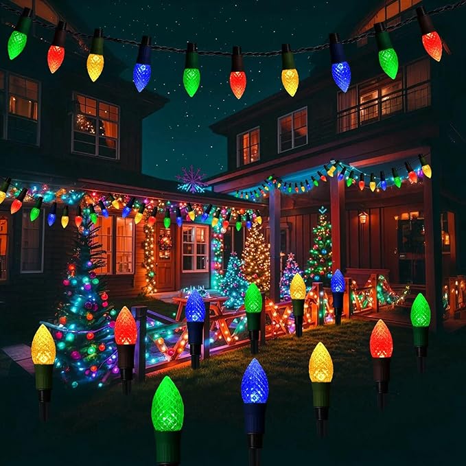 Solar Christmas Pathway Lights, 20 LED C9 String Lights with 20 Stakes, 23FT Solar Powered Multicolored Decorations for Roof, Yard, Patio, Walkway, Driveway