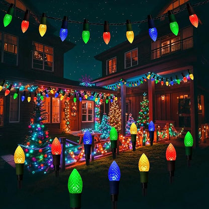Solar Christmas Pathway Lights, 20 LED C9 String Lights with 20 Stakes, 23FT Solar Powered Multicolored Decorations for Roof, Yard, Patio, Walkway, Driveway