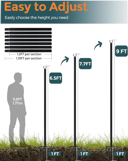 LAND·VOI Metal String Light Poles for Outside Hanging - Backyard, Garden, Patio, 4 Pack Lighting Stand with Adjustable Height for Outdoor Parties, Wedding, Extra-Long 5-Prong Claws, (10FT) FLP04B