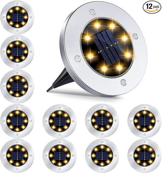 12 Pack 8LED Solar Garden Lights Outdoor Waterproof Sidewalk Disk Bright In-Ground Landscape Lighting for Lawn Patio Pathway Yard Steps Deck Walkway (Warm White) (12 Packs)