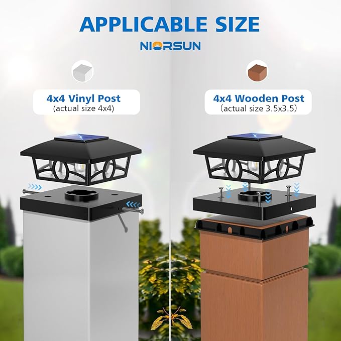 NIORSUN Solar Post Lights Outdoor, Fence Post Solar Lights Warm White Outdoor Waterproof Edison LED Bulbs Garden Patio Fence Deck Decor, 4x4 Wood Vinyl Post Cap Lights, Black 6 Pack