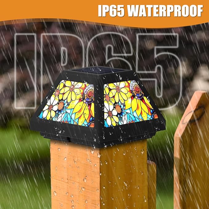Solar Post Cap Lights - 4x4, 5x5, 6x6 Fence Post Solar Lights, Sunflower Lampshade, 15LM Bright LED, IP65 Waterproof Outdoor Post Lights for Garden, Yard, Deck, Warm White (Sunflower, 4)