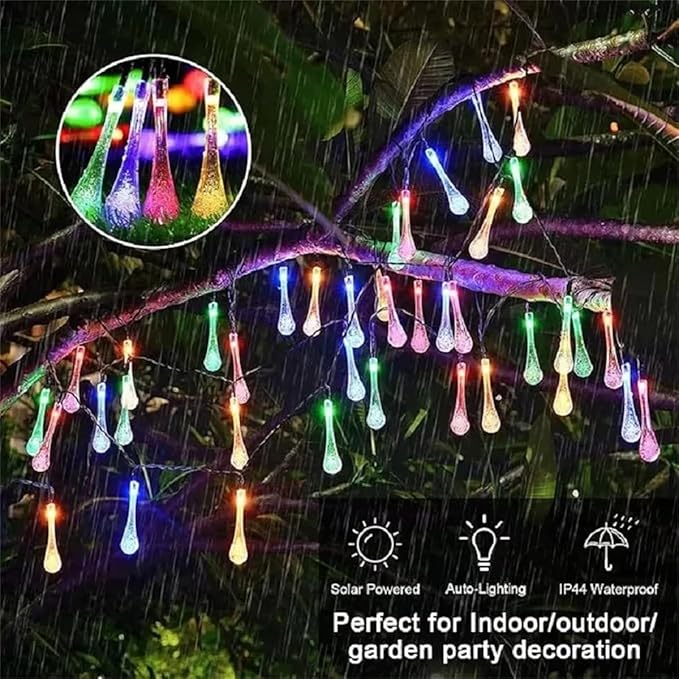 Solar String Light Outdoor Waterproof Solar Drop Lights,Water Drop Fairy Lights 13ft 20LEDs Solar Light with 8 Modes Solar Party Lights for Garden,Christmas Decorations (20ft 30LED Multi)